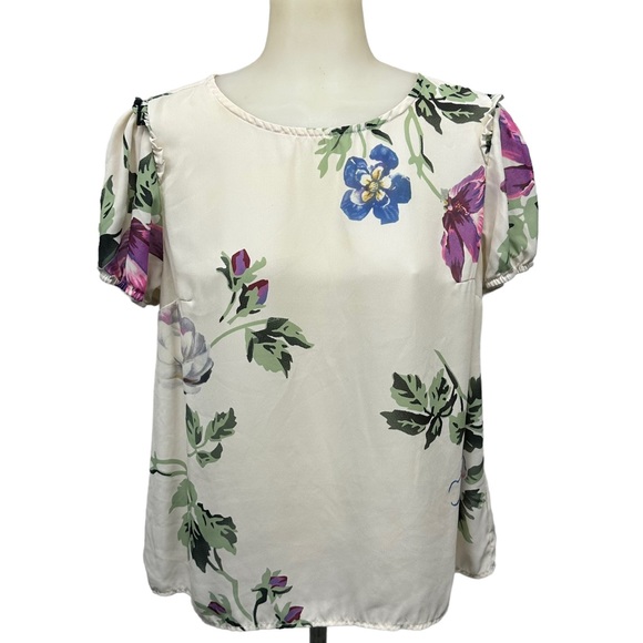 Modcloth Tops - MODCLOTH Floral Blouse Size M Decorative Ruffle Short Gathered Sleeve Sp…